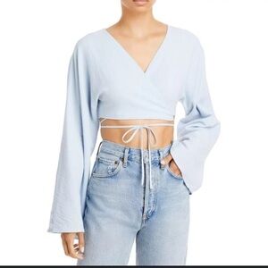 Charlie Holiday Baby Blue Long Bell Sleeve Cotton Crop Top​​​​